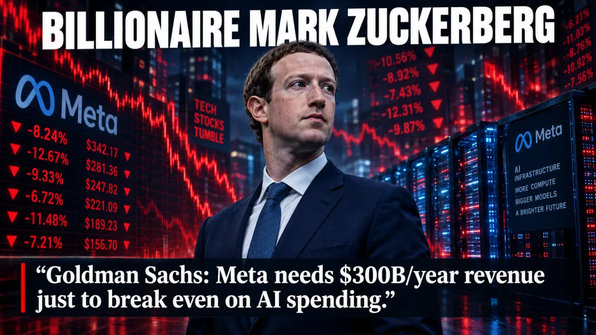 Billionaire Mark Zuckerberg — Meta CEO who lost $19 billion in two days after Goldman Sachs AI ROI warning and the spending trap every startup founder must avoid