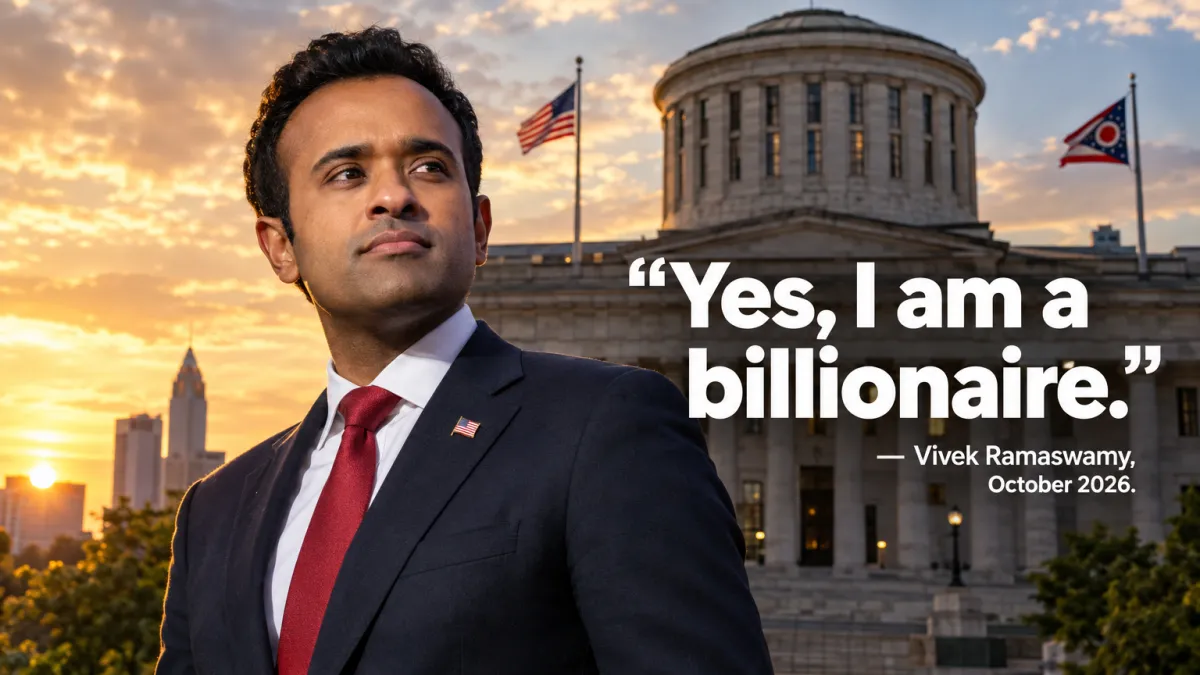 Billionaire Vivek Ramaswamy in front of Ohio state capitol — founder lesson on engineering your environment before you need it