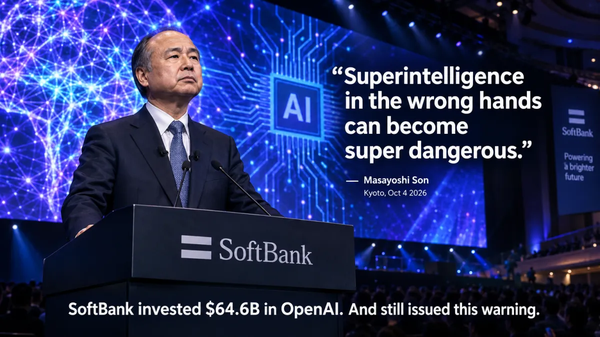 Masayoshi Son at Kyoto STS Forum 2026 — warning on superintelligence while SoftBank bets $64.6B on OpenAI — founder lesson