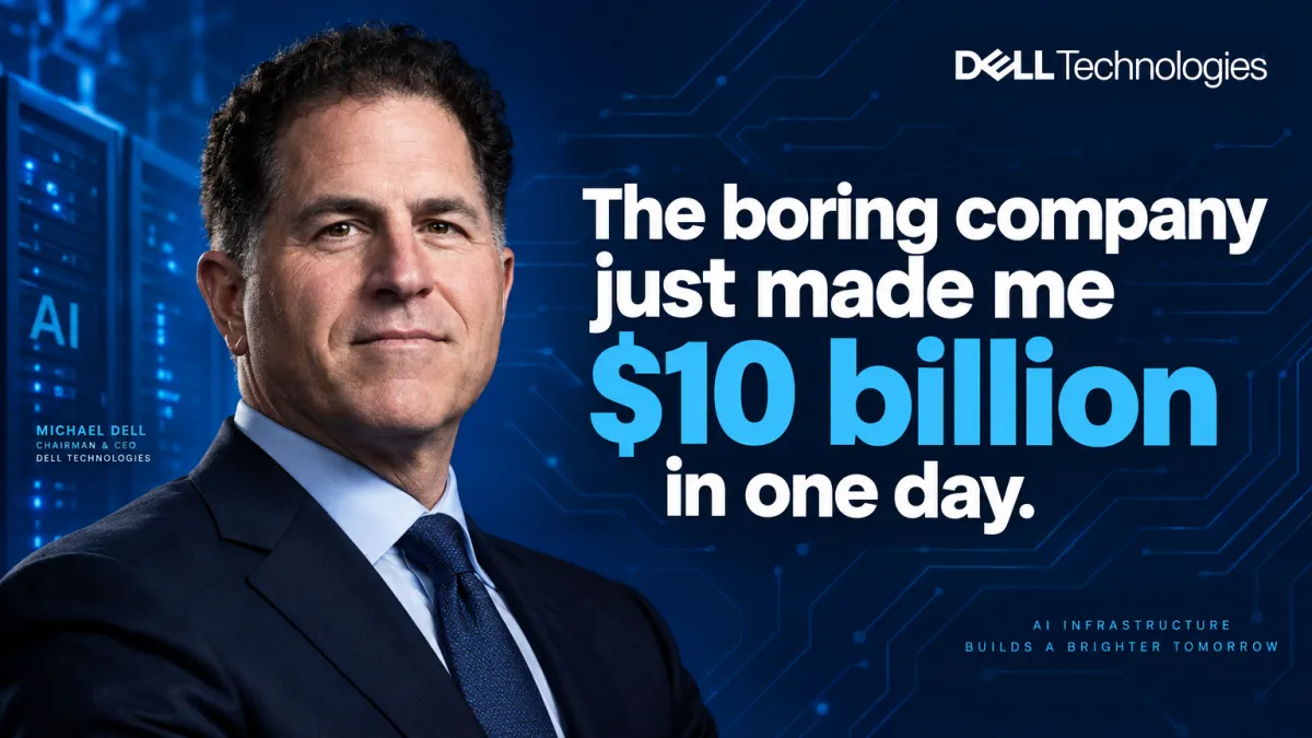 Billionaire Michael Dell editorial portrait — AI infrastructure wealth surge 10 billion single day
