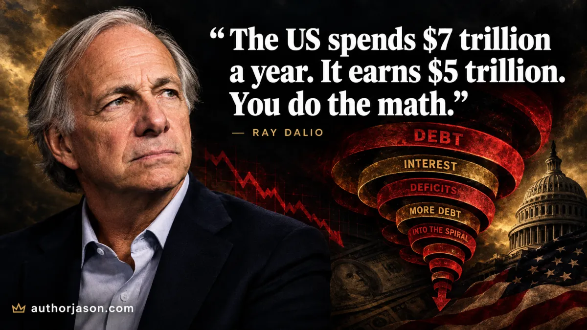 Billionaire Ray Dalio editorial portrait — US debt crisis warning for startup founders