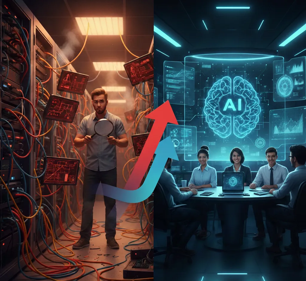 Split-screen showing traditional IT troubleshooting vs modern AI-powered IT support.