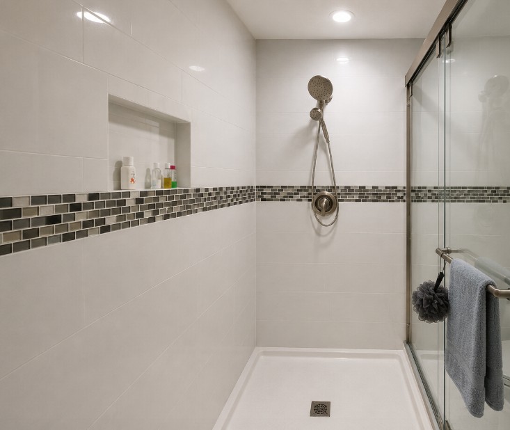 Bathroom shower with tile accent and recessed niche