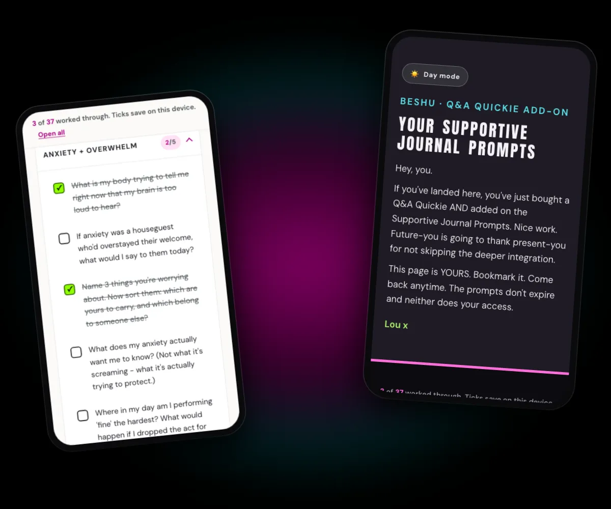 Supportive Journal Prompts on two phones - tailored journal prompts with tick boxes, shown in day and night mode