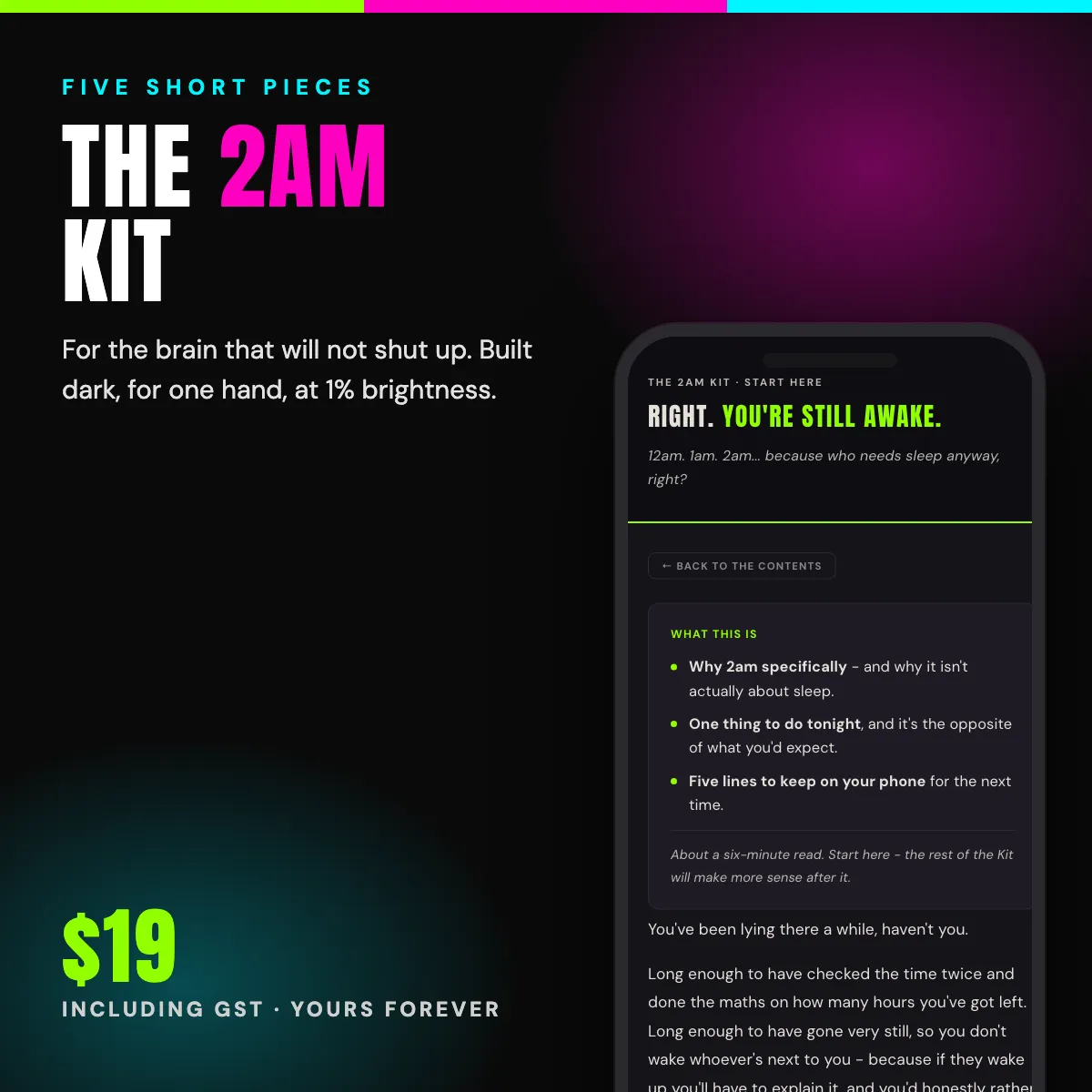 The 2am Kit on a phone, six short pieces for the brain that won't shut up, $19 including GST