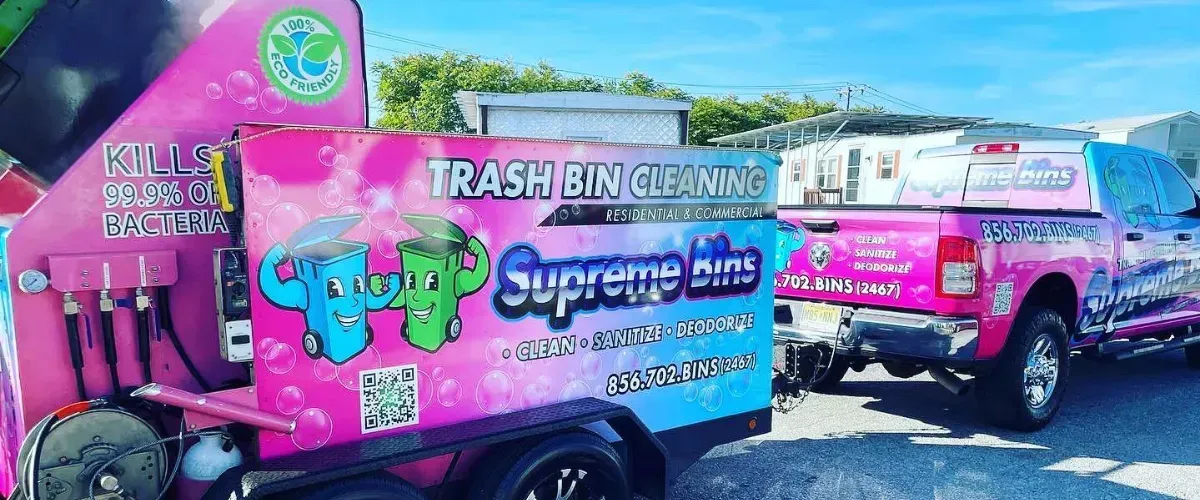 Supreme Bins truck and trailer with eco-friendly trash bin cleaning equipment