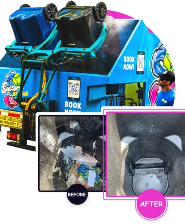 Supreme Bins cleaning truck with before and after trash bin cleaning comparison
