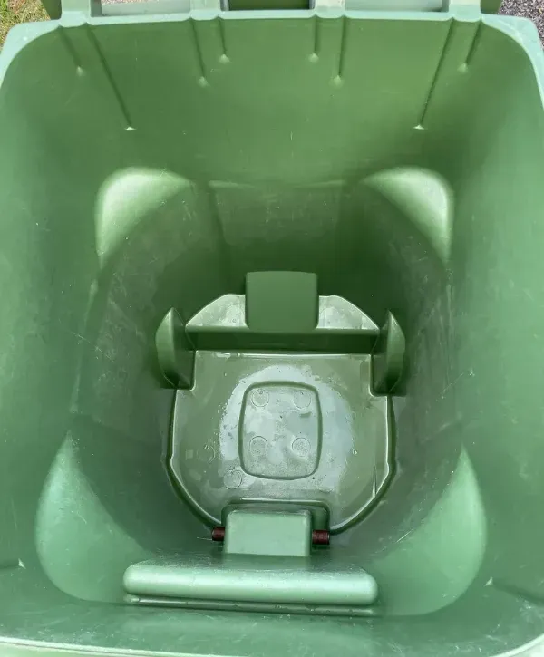 Clean green trash bin interior after professional sanitizing.