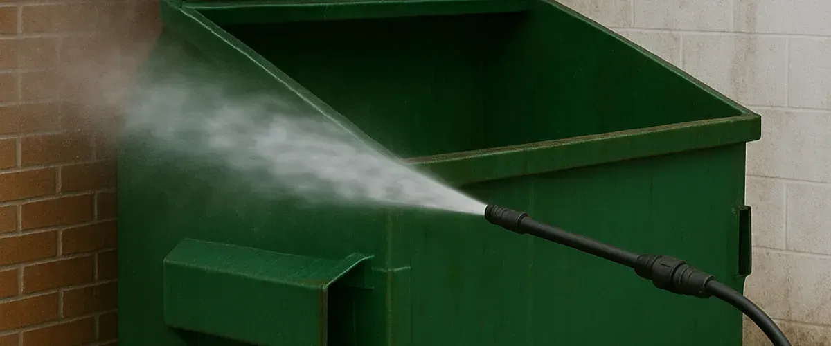 Worker pressure washing the inside of a large green commercial dumpster beside brick and concrete walls.