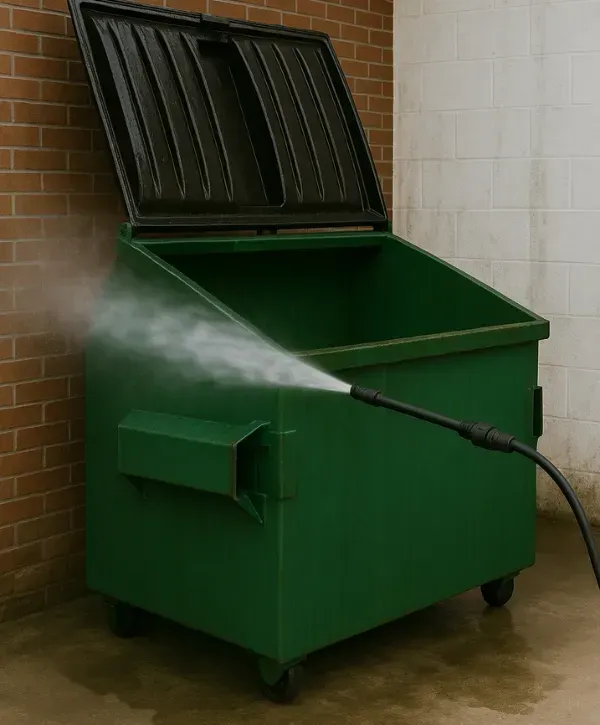 Worker pressure washing the inside of a large green commercial dumpster beside brick and concrete walls.