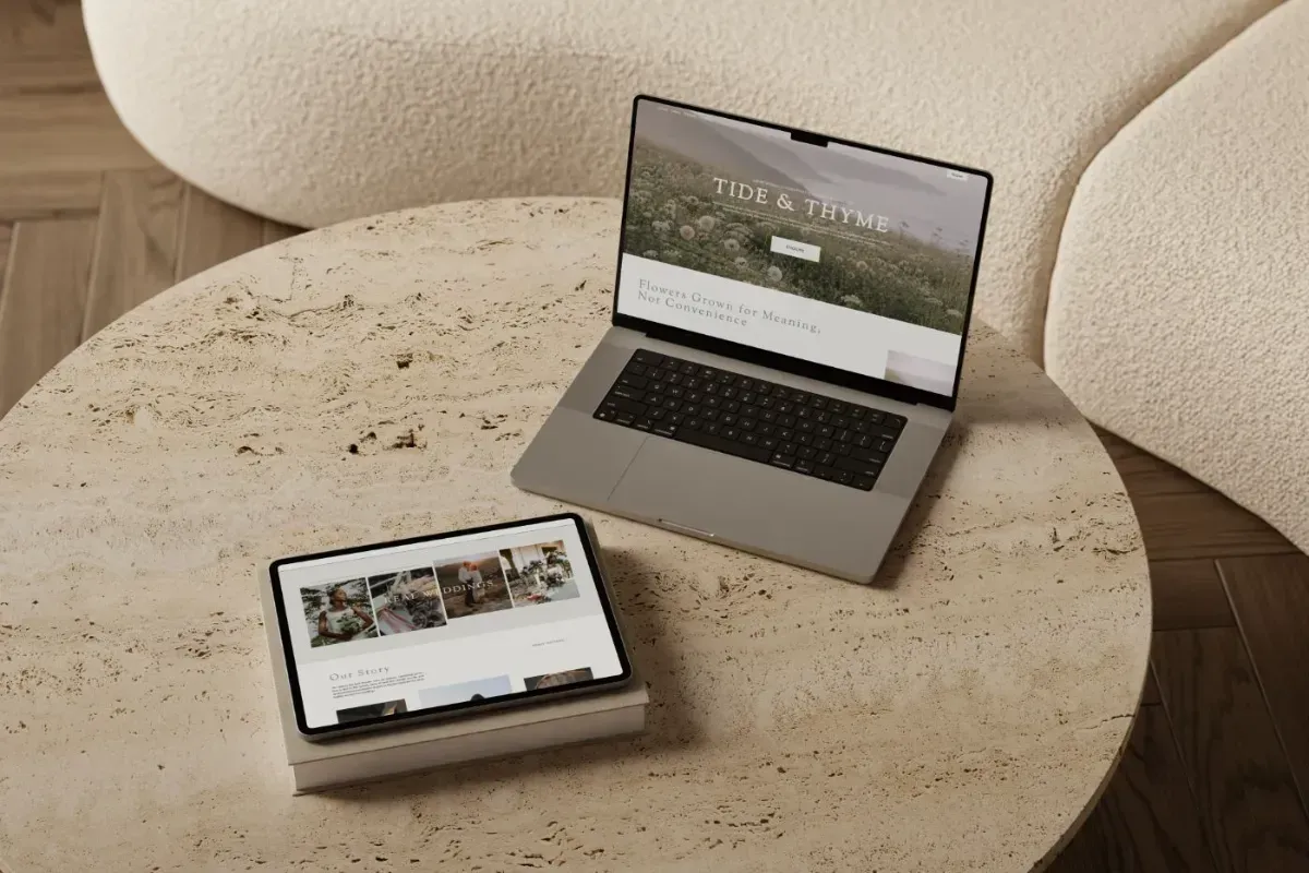 laptop and tablet on a table displaying studio aretta's website