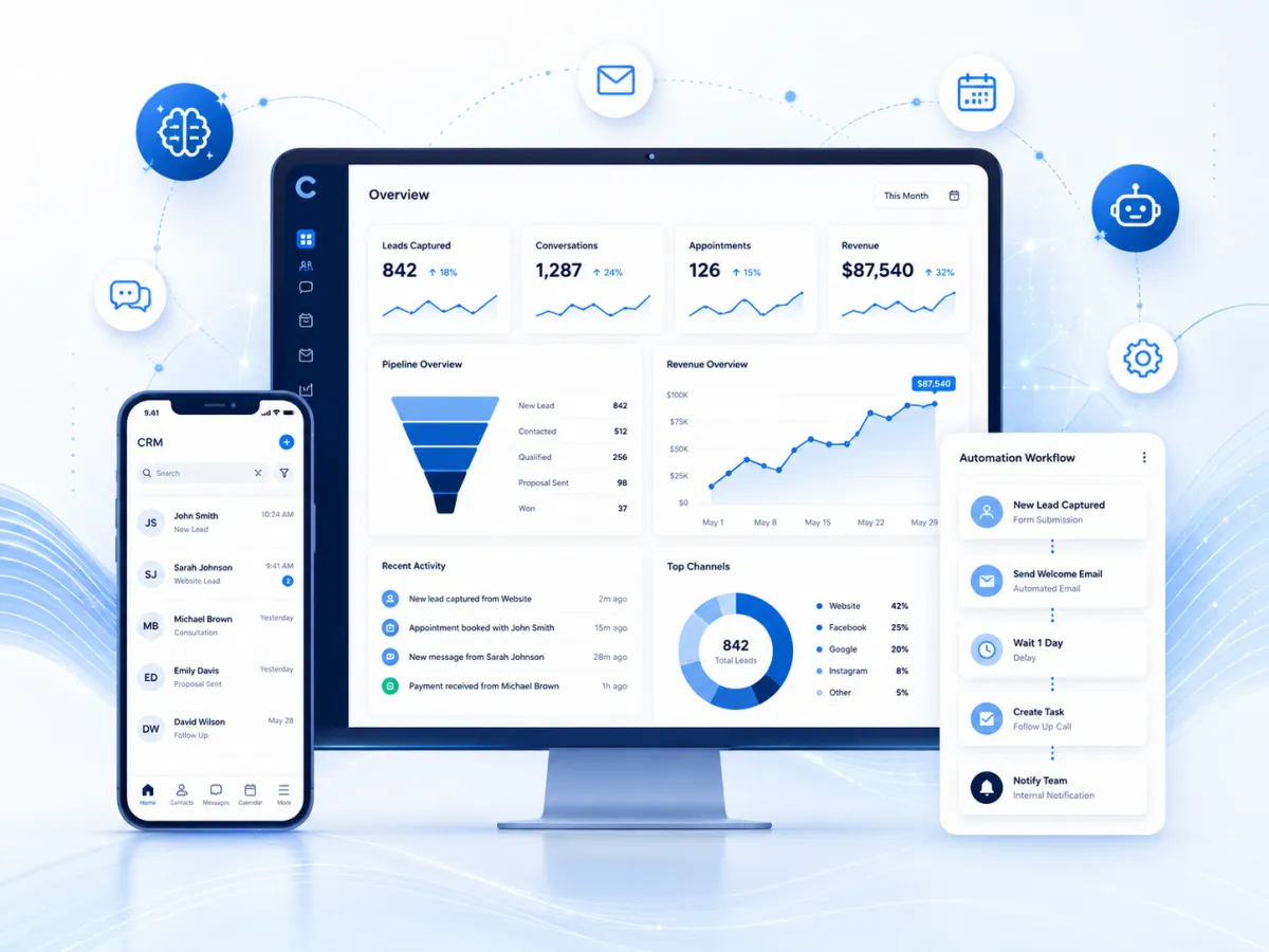 AI-powered business systems dashboard showing lead capture, CRM workflows, appointments, automation, and business performance data