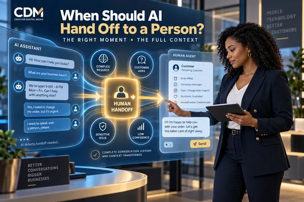 African American business professional receiving an AI customer conversation with four human handoff triggers and full context