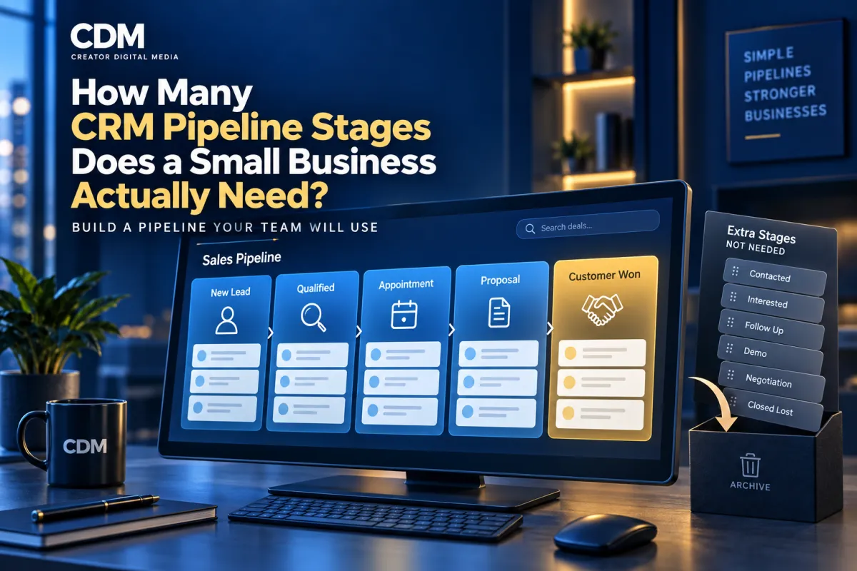 CRM sales pipeline showing five stages from new lead to customer won, with unnecessary stages moved to an archive.
