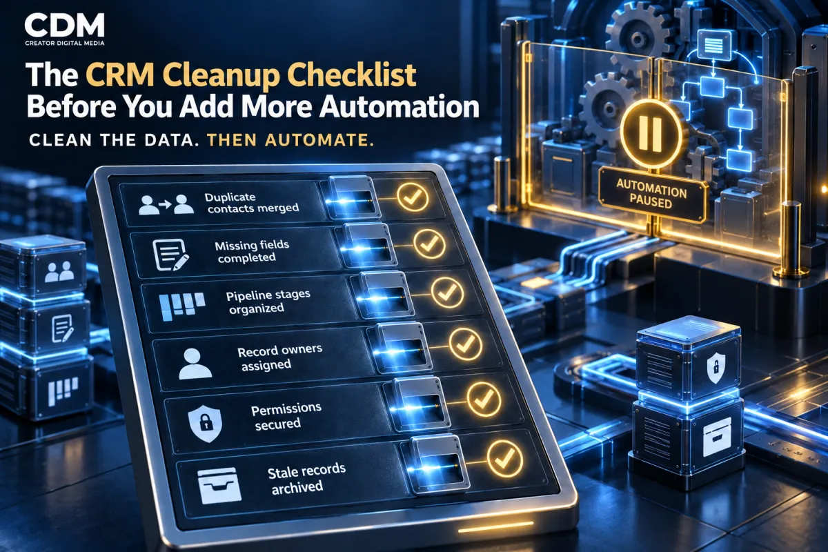 Six CRM cleanup items verified while an automation system remains paused