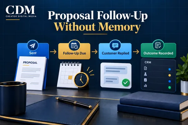 Proposal follow-up workflow showing a sent quote moving through reminders, customer response, and a recorded outcome.