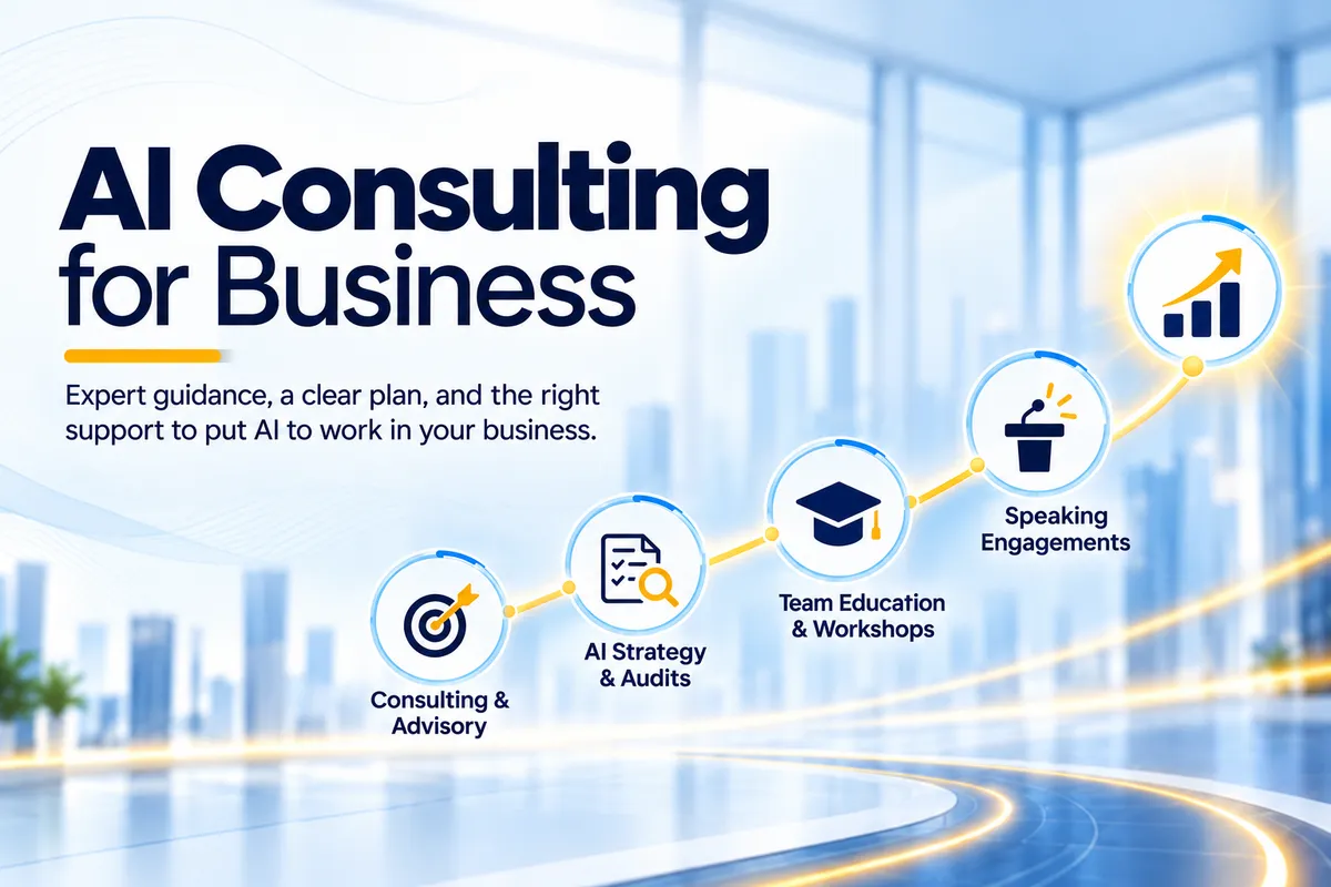 Business AI consulting planning illustration showing priorities, assessment, systems setup, and support.