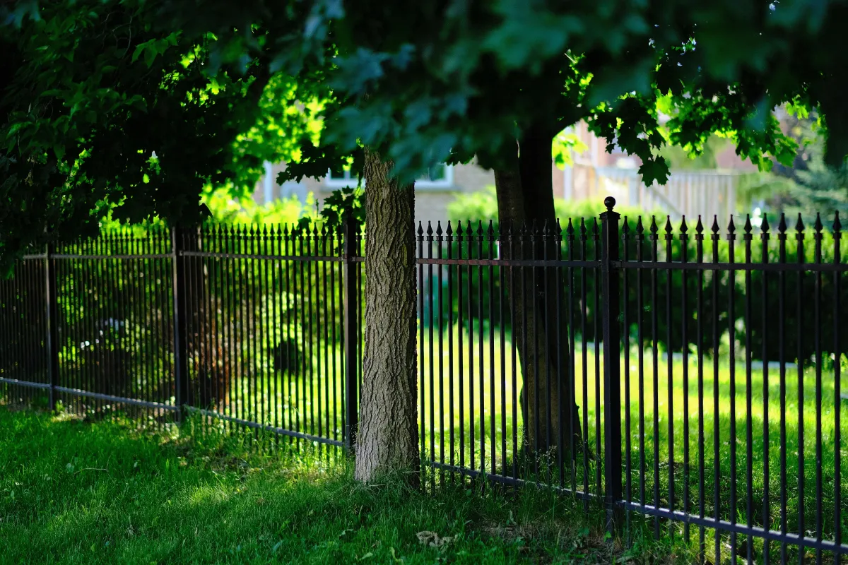 Black metal security fence with spear-top pickets installed in front of Texas home