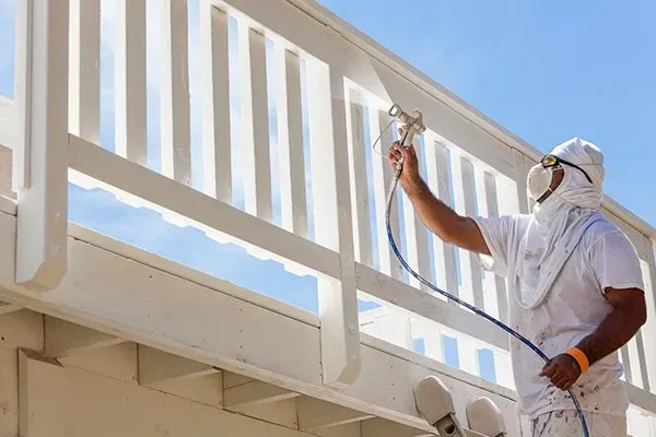Exterior house painter spraying white railing on a deck during a home improvement project in San Antonio