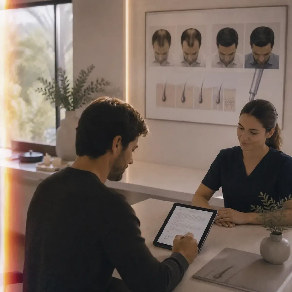 Paciente firmando consentimiento digital en una tablet para injerto capilar