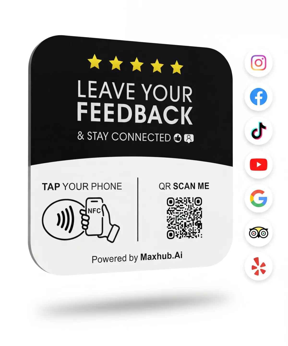 Hand holding a smartphone scanning a MaxHub.AI QR card on a cafe counter