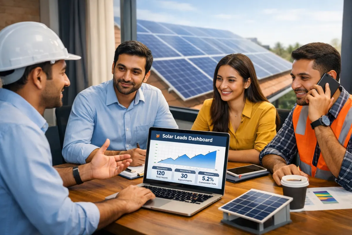 A vibrant digital illustration showing a diverse group of Indian solar business professionals in formal attire, gathered around a rooftop solar panel installation with cityscape in the background, sunlight reflecting off the panels, symbolizing growth and collaboration in the solar industry.