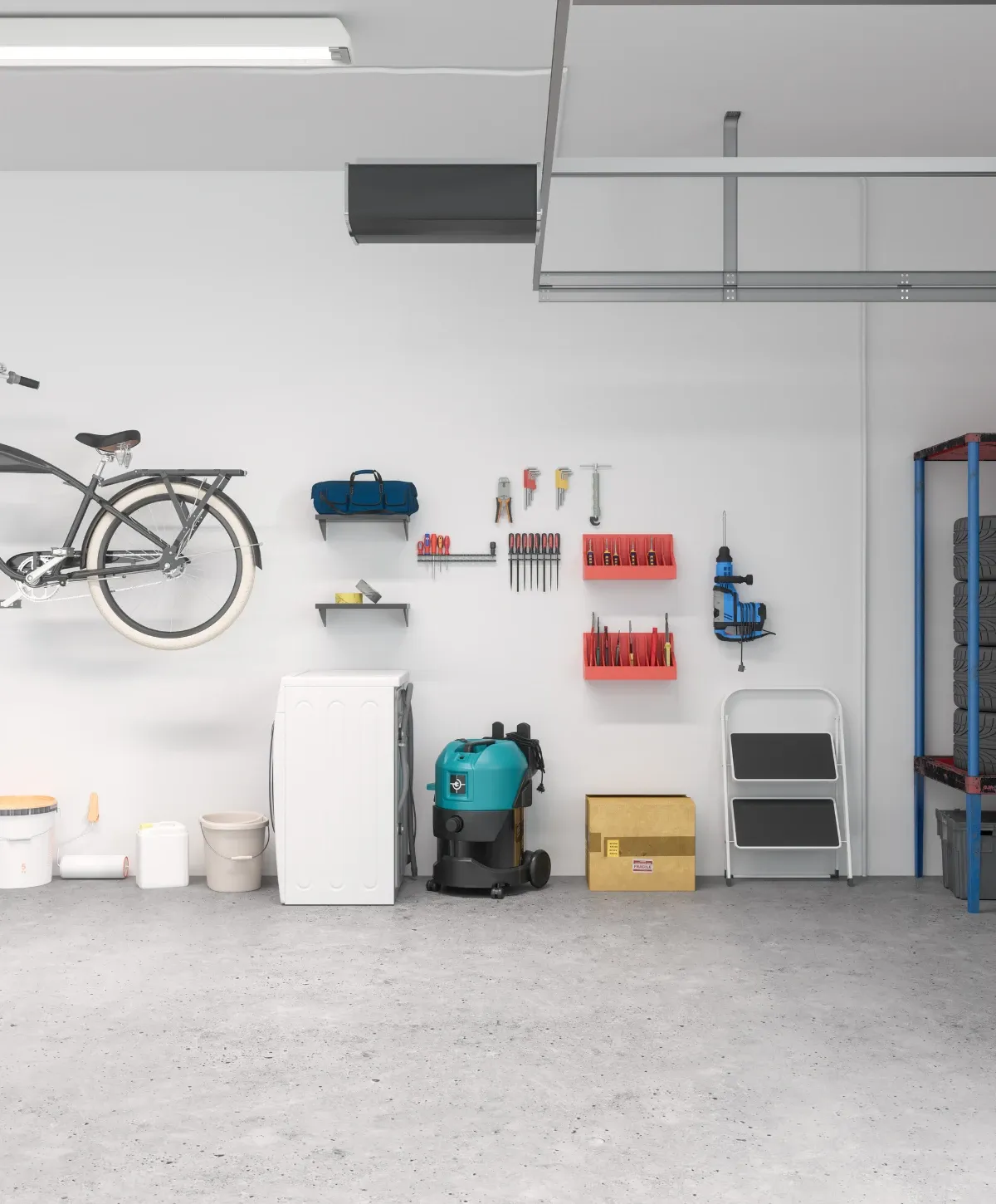 A wide shot of a cluttered garage or unfinished basement with a concrete floor, white refrigerator, wooden shelving, and a carpeted staircase.