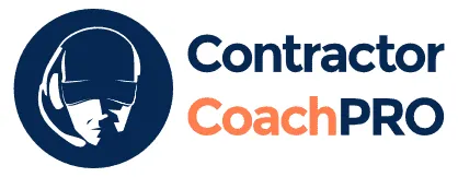 Contractor Coach PRO logo featuring a construction worker silhouette in a navy circle with orange and blue text.