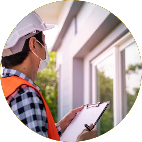 Aoofing inspector checking exterior and taking notes during roof inspectionr