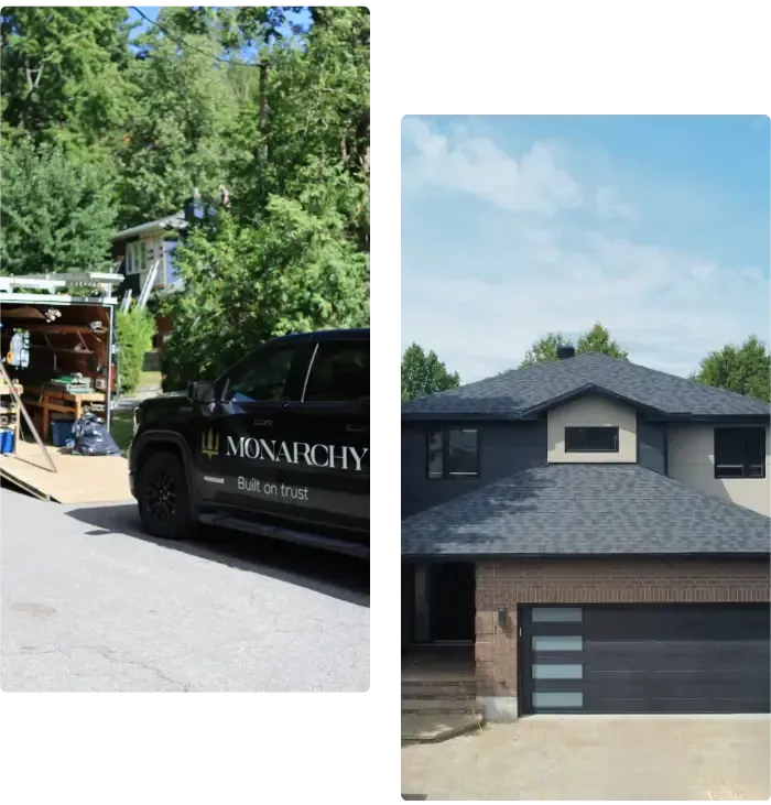 The first image shows our truck parked at a work site. The second image shows a completed roofing installation project.