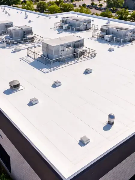 Commercial building with white TPO flat roofing, rooftop units, vents, and clean membrane surface