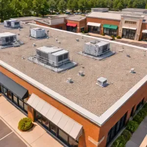 Retail plaza with built-up roofing, gravel surface, rooftop HVAC units, and flat roof layout