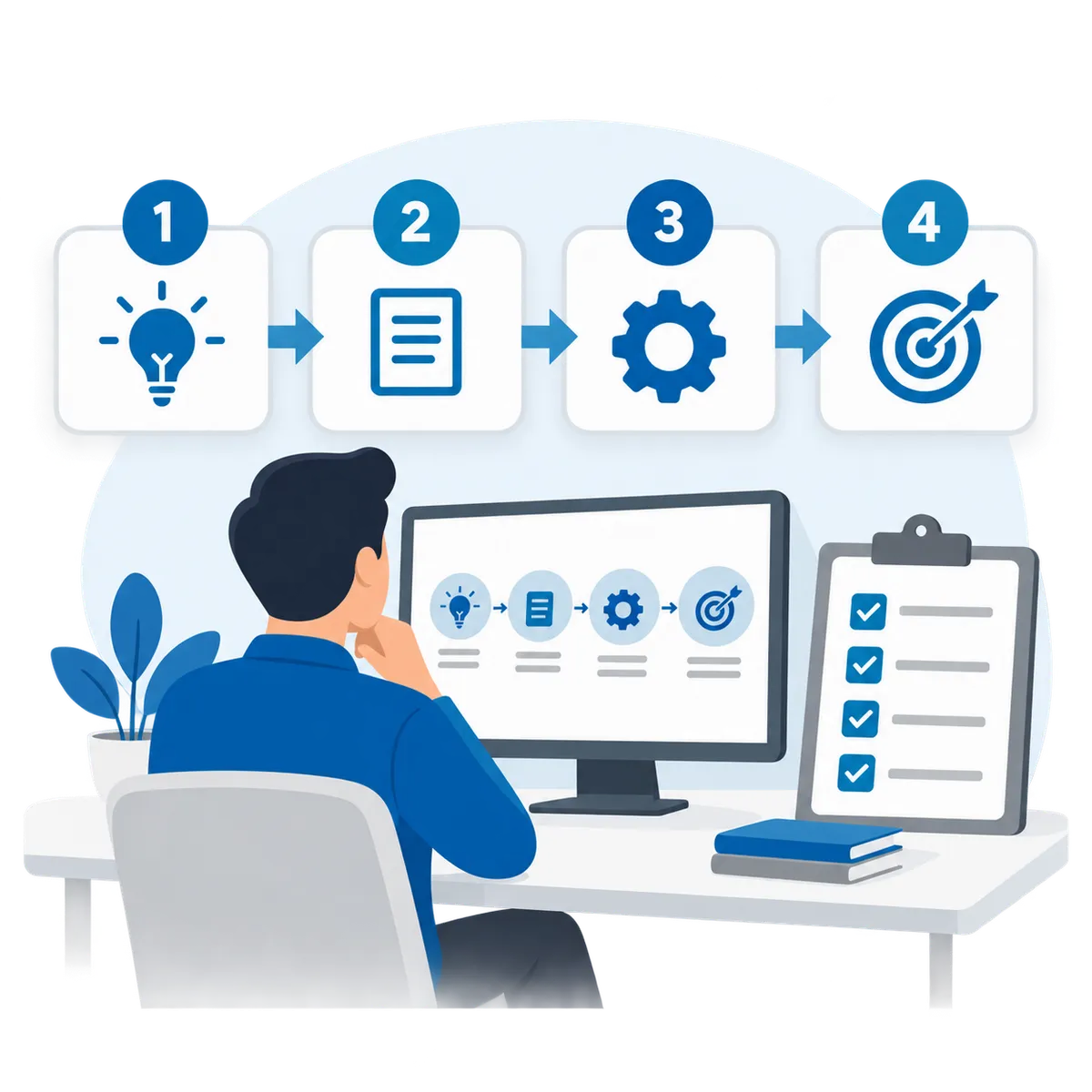 Business owner reviewing a four-step process with planning, systems, and goal icons.