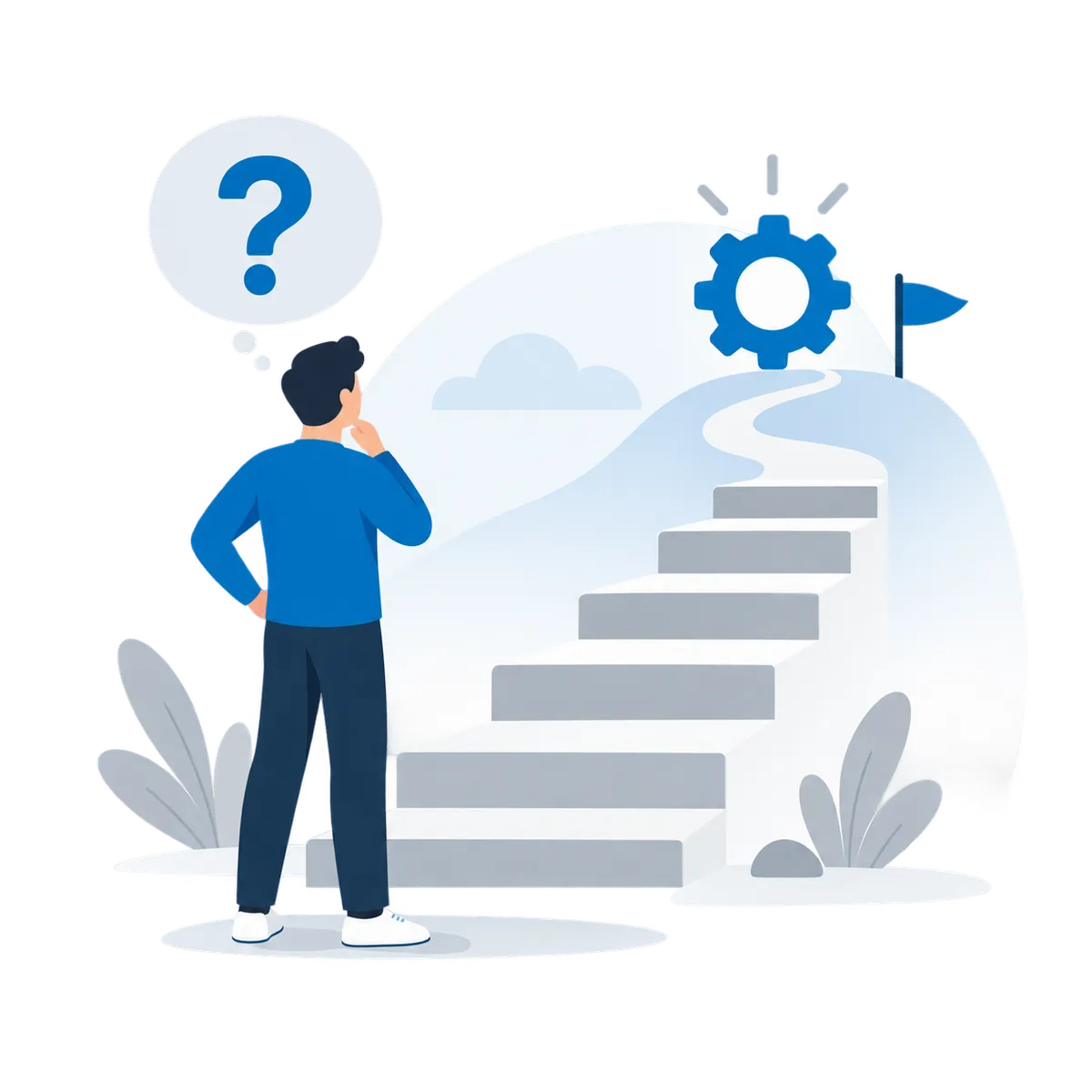Business owner looking at a staircase, gears, and a question mark representing the need for structure and direction.
