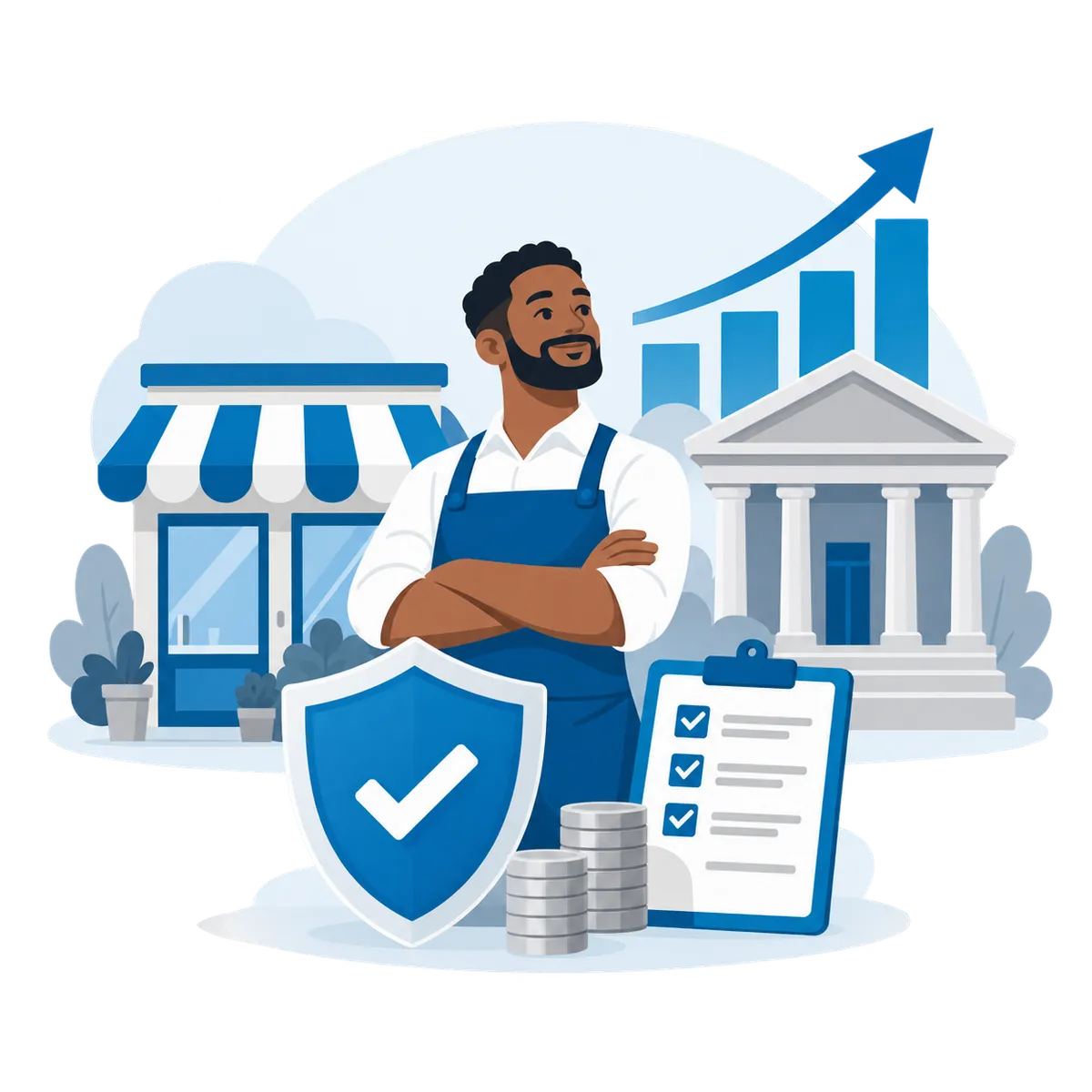 Business owner standing between a storefront and bank with a shield, checklist, and growth chart.