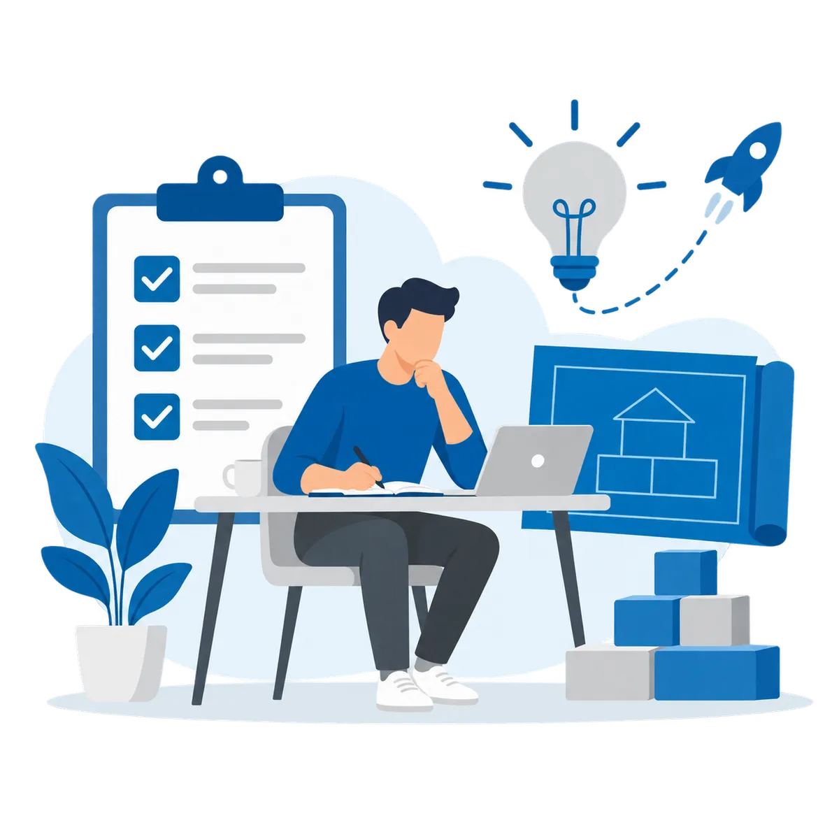 Entrepreneur planning a new business with a checklist, blueprint, and growth symbols.