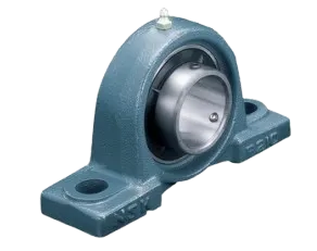 Heavy cast-iron blue Plummer block housing unit on a steel rail