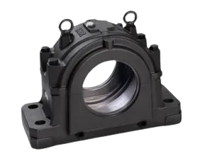 Heavy cast-iron blue Plummer block housing unit on a steel rail