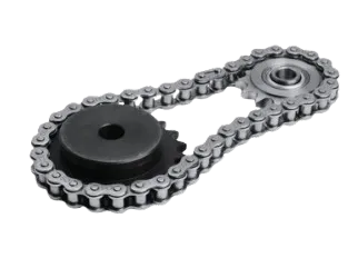 Heavy industrial roller chain wrapped around a black steel sprocket gear.
