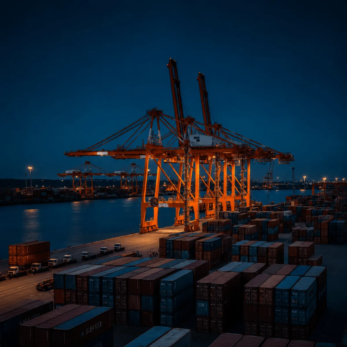Cargo cranes operating at a harbor quay