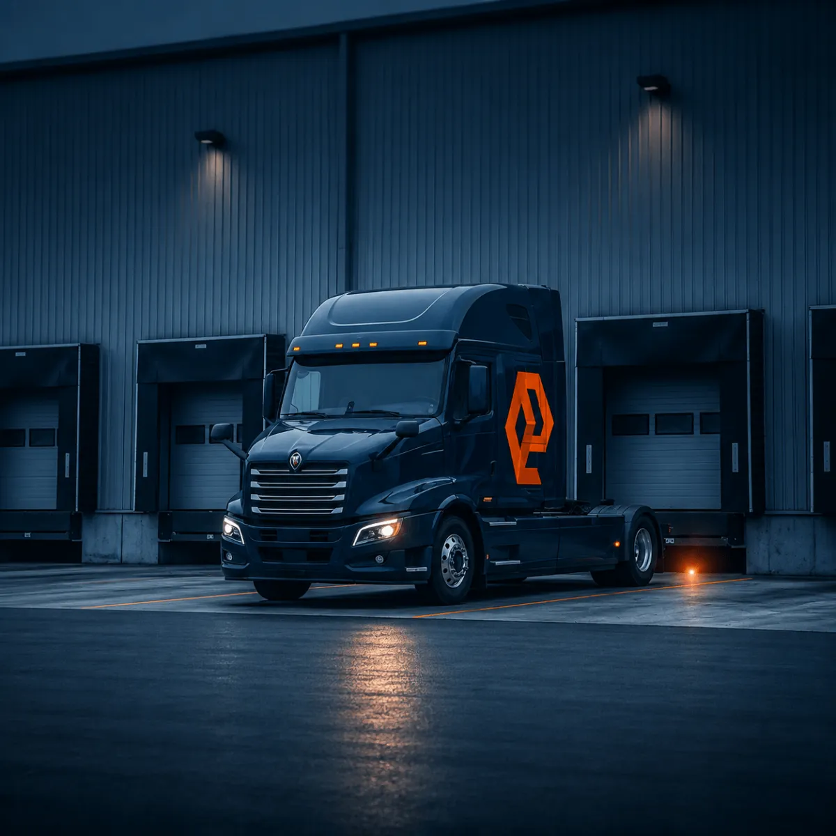 High-end commercial photograph of a modern long-haul freight truck driving down a clean highway with deep navy blue corporate tones