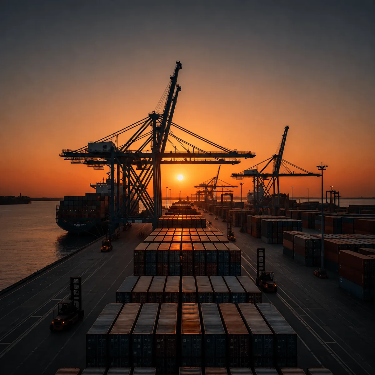 Active shipping terminal at sunset with professional navy blue tones