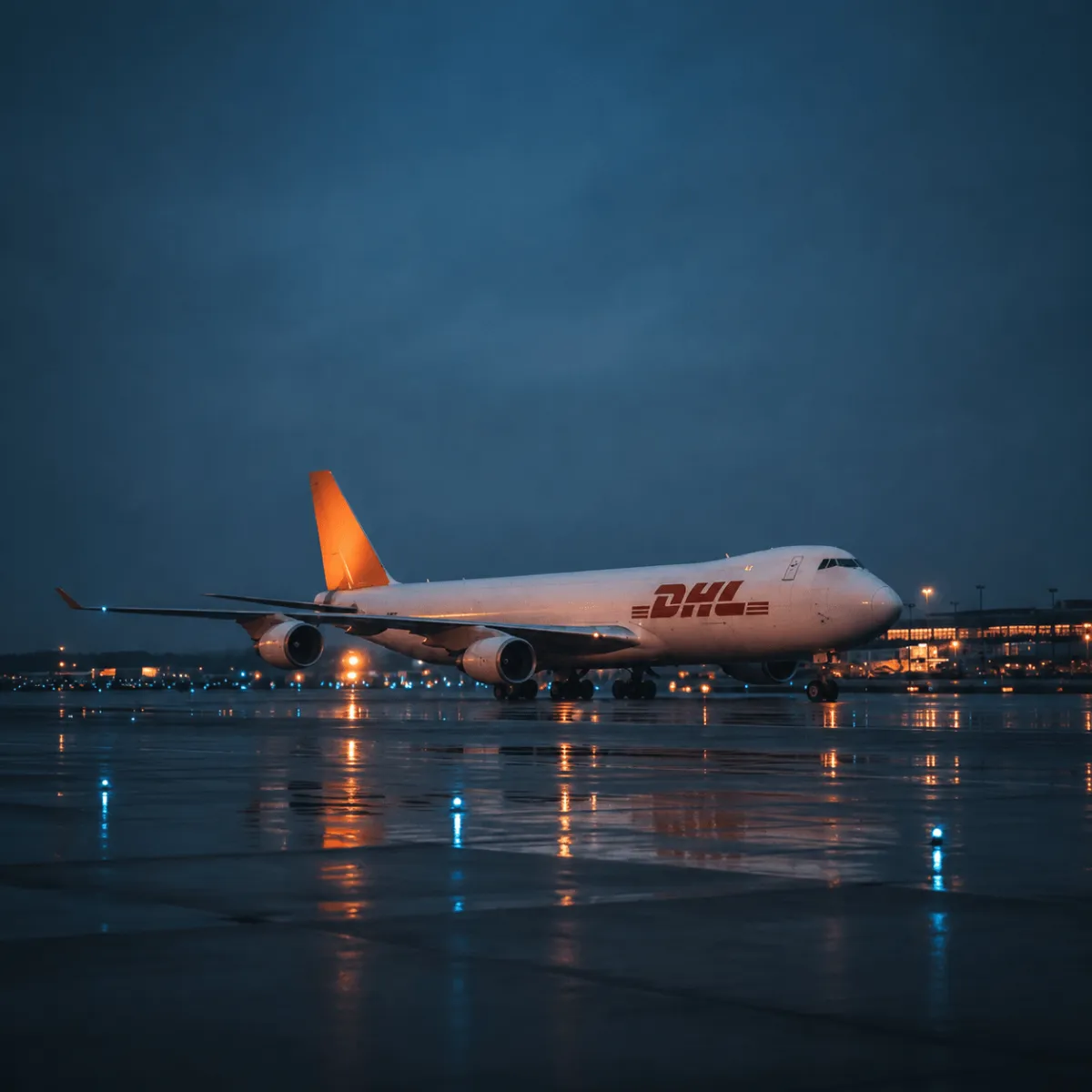 High-end commercial cargo aircraft parked on tarmac at twilight
