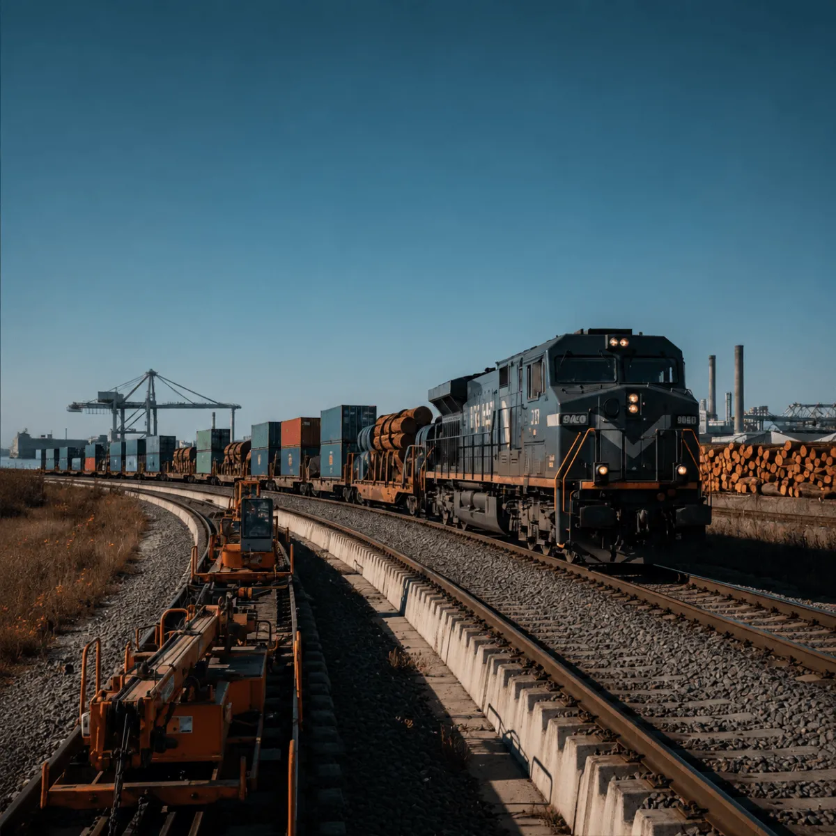 Industrial rail cargo locomotive train pulling linear flatbed cars stacked with large cargo containers