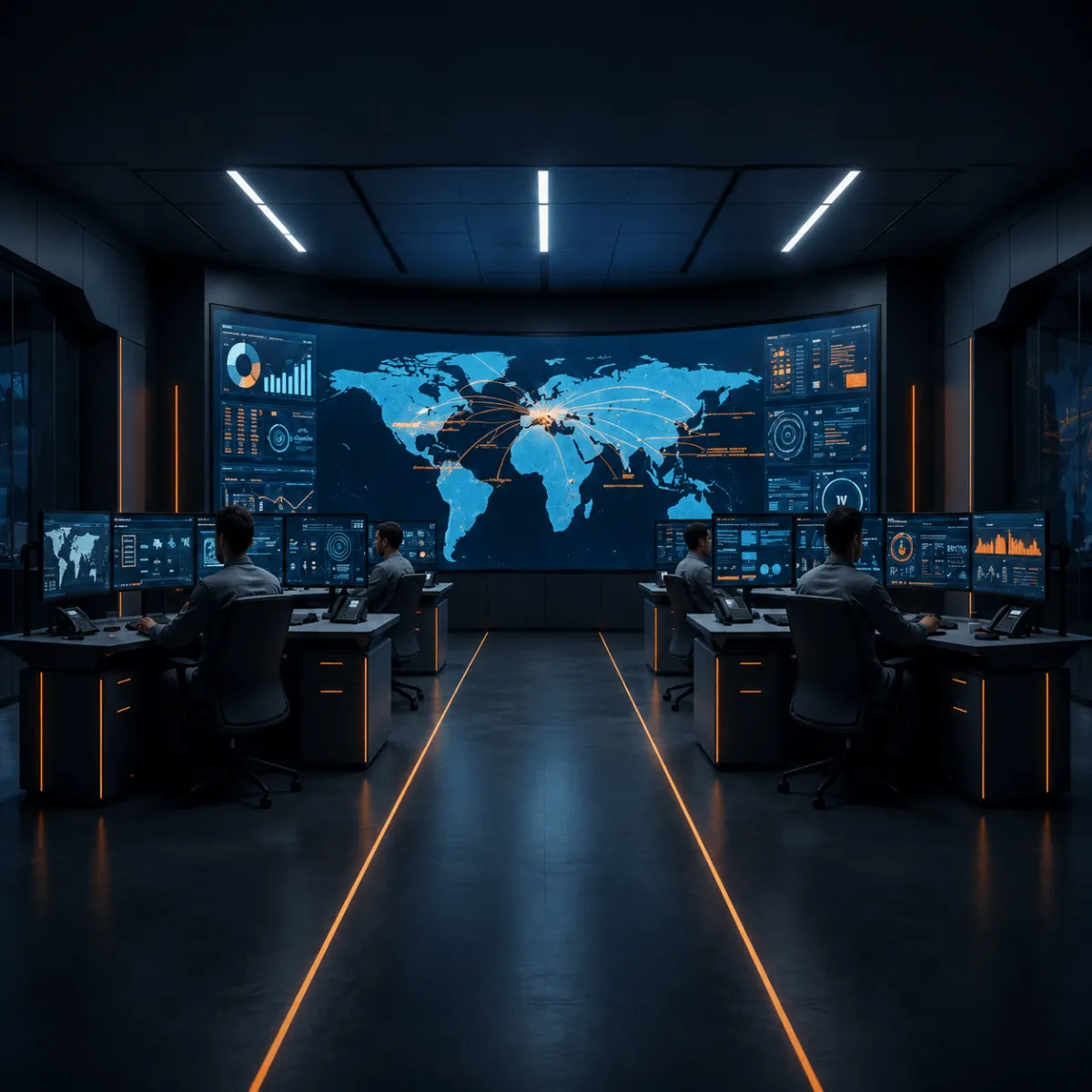 Modern global supply chain control room and logistics dashboard