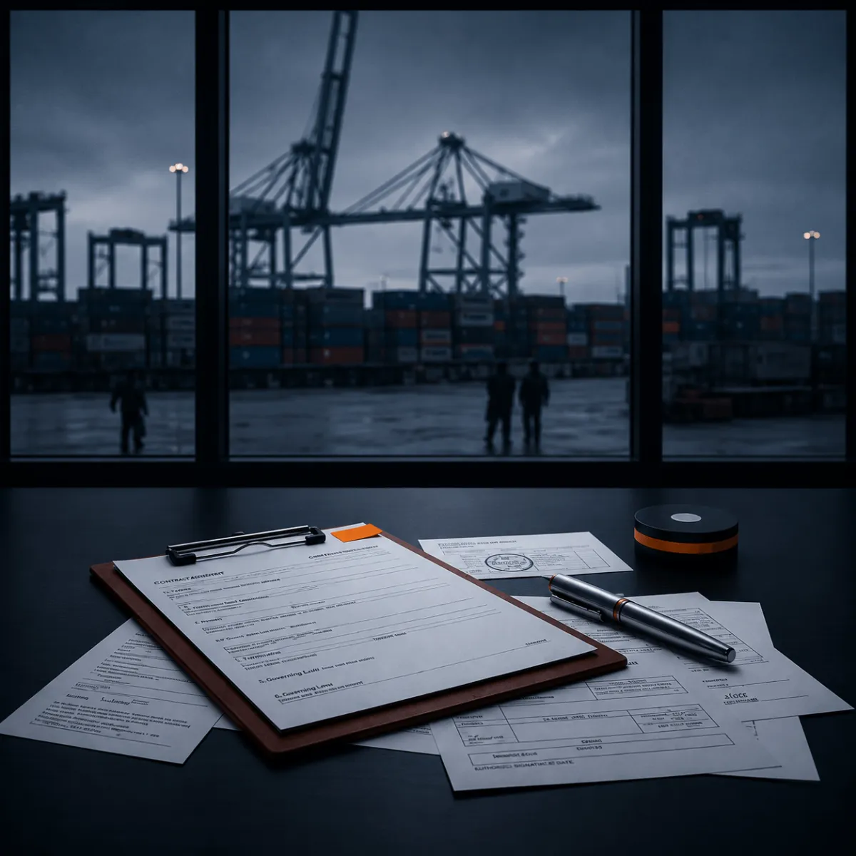 Professional logistics office environment reviewing customs documents