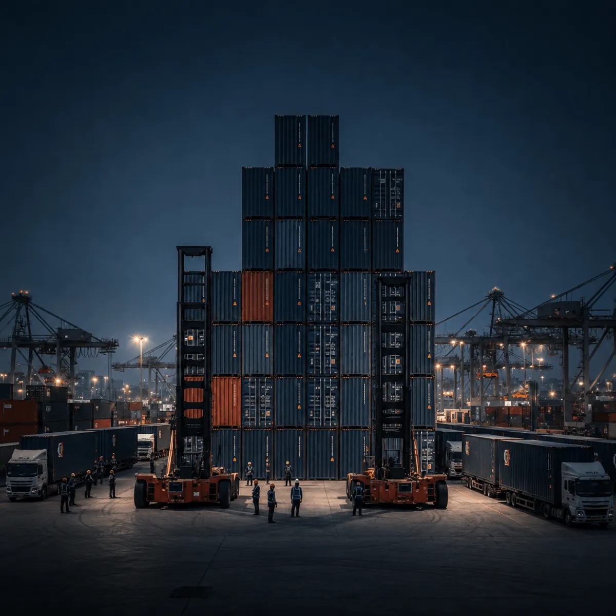 Commercial corporate photograph showing large industrial intermodal shipping containers stacked neatly at a busy logistics terminal in professional deep navy blue tones