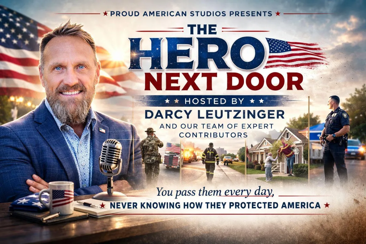 The Hero Next Door landscape poster with host Darcy Leutzinger with images of American life - neighbors, police officers, firemen, military.
