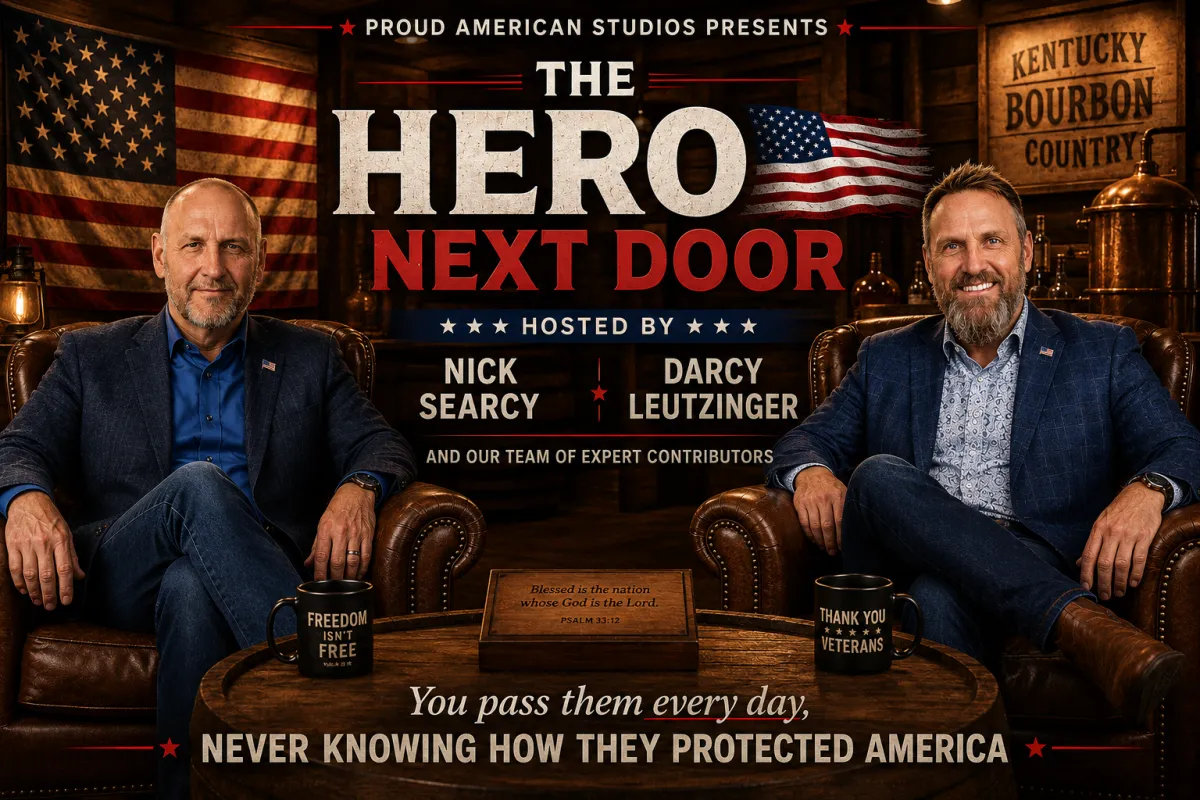 The Hero Next Door landscape poster with host Darcy Leutzinger with images of American life - neighbors, police officers, firemen, military.