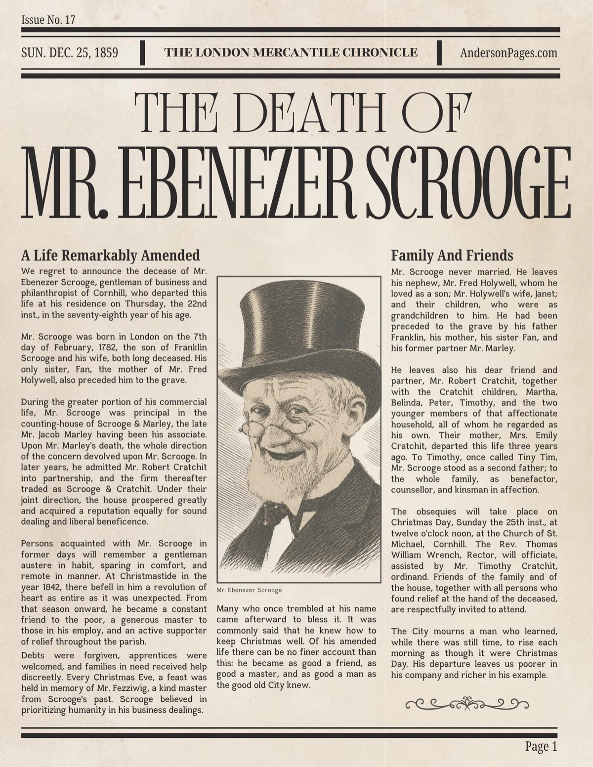 Engraving of Ebenezer Scrooge Memorial Tribute in Victorian Broadsheet Style